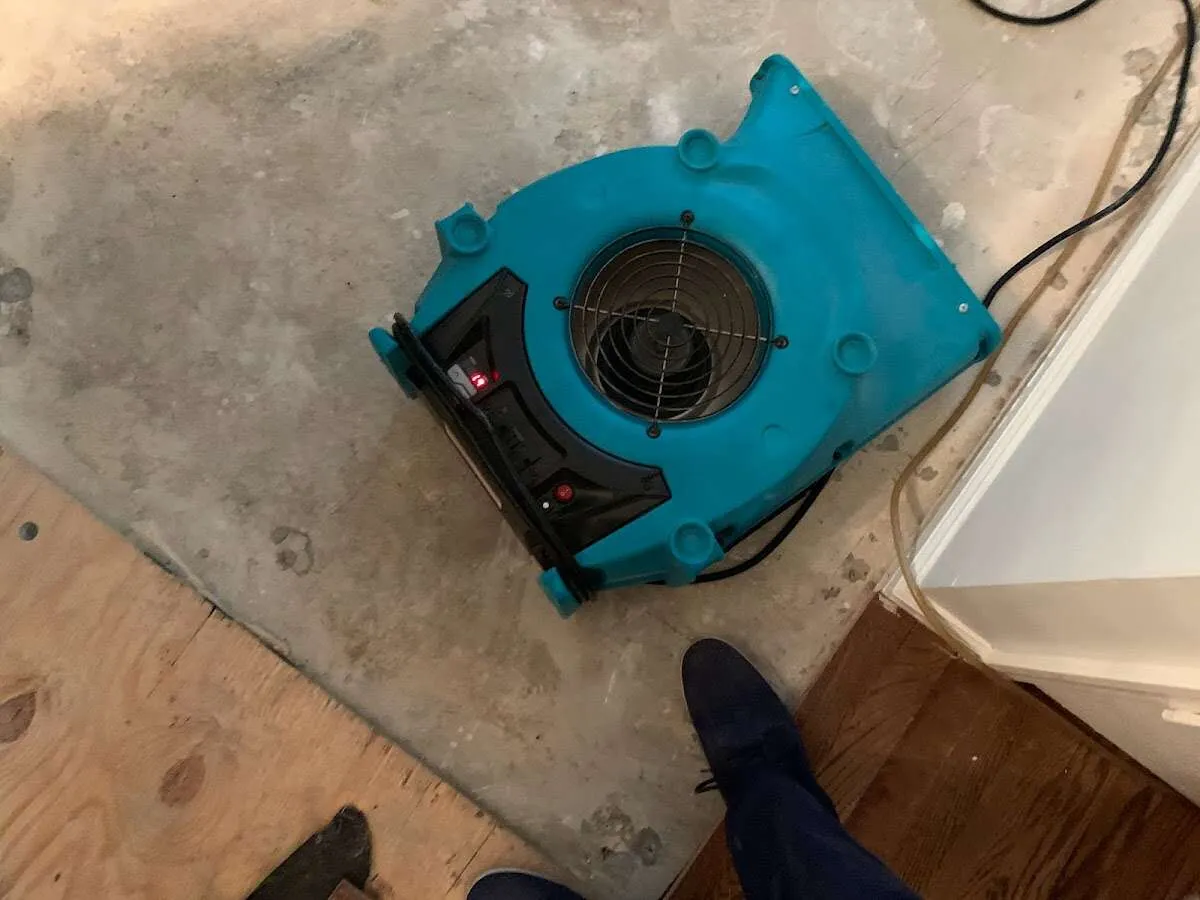 Air mover drying subfloor during Commercial Water Damage Restoration in Oil City
